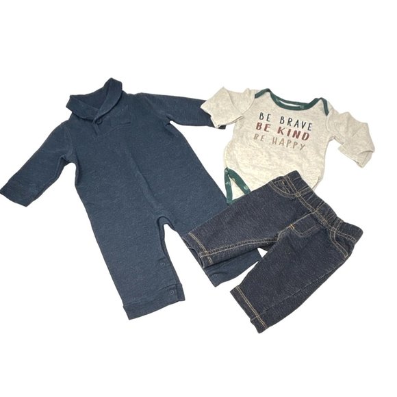 Baby‎ Boy's - 1 Blue Jumpsuit, 1 Blue Jeans, 1 Cream Body Suit - Sizes 3 & 3-6 M - Picture 1 of 9